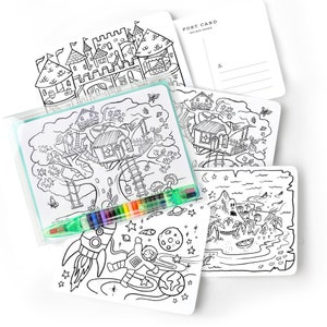 Color-In Postcards Kit with Crayon // Kids DIY Adventure Postcard Kit image 1