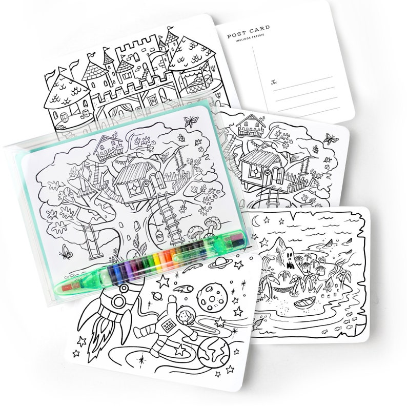 Color-In Postcards Kit with Crayon // Kids DIY Adventure Postcard Kit image 1