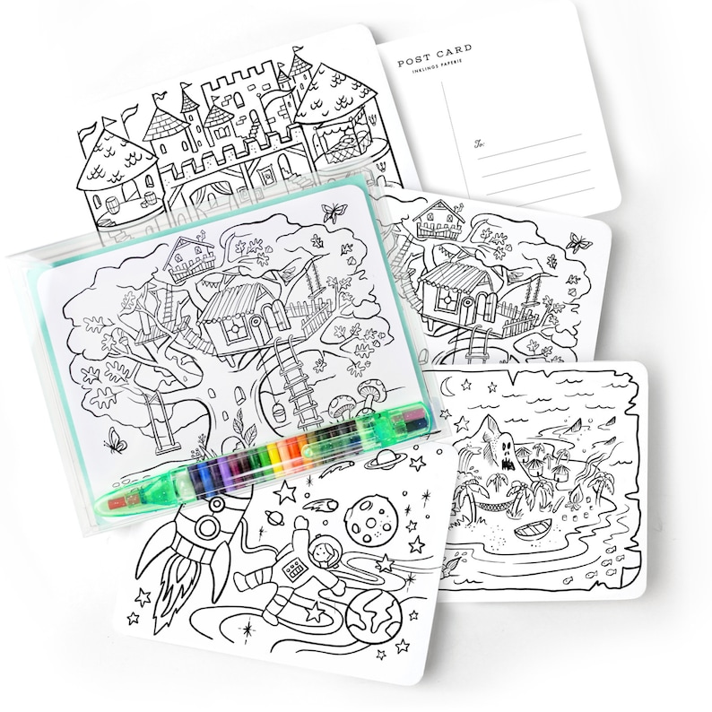 Colorin Postcards Kit With Crayon // Kids DIY Postcard Kit Etsy