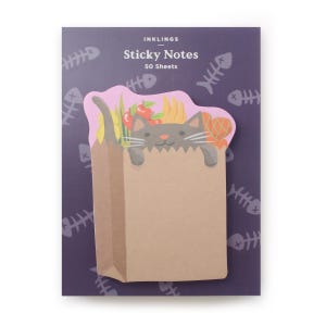 May include: Sticky notes with a cat design. The notes are shaped like a brown paper bag with a gray cat peeking over the top. The cat is surrounded by illustrations of food. The background is purple with white fish bone designs. The text "INKLINGS Sticky Notes 50 Sheets" is at the top.