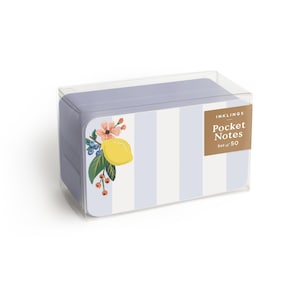 May include: A set of 50 pocket notes in a clear plastic box. The notes feature a light blue and white vertical striped pattern with a decorative illustration of a yellow lemon, green leaves, small blue berries, and a peach-colored flower.