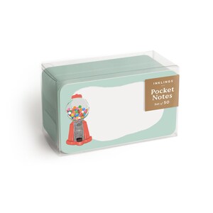 Może przedstawiać: Pudełko z 50 pastelowymi zielonymi notatnikami kieszonkowymi z ilustracją automatu do gum do żucia. Na pudełku widnieje napis "Inkling's Pocket Notes Set of 50".