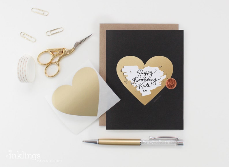 Scratch-off Birthday Card // Black and Gold Heart // Write in DIY Card, secret message, hidden message, classy birthday card, love birthday image 1