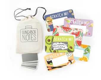 24 Scratch-off Lunchbox Notes  // Mini Cotton Drawstring Bag // Back to school, lunch box note, first day of school gift, kids lunches