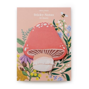 May include: A pack of "INKLINGS" sticky notes featuring a mushroom design. The notes are pink with a red mushroom and floral illustrations. The text "Sticky Notes" and "50 Sheets" are printed on the package. A bee is flying near the top.