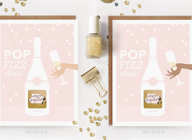 6 Scratch-off Pop Fizz Clink Will You Be My Bridesmaid Maid of Honor Write-in Invitations Pink Champagne and Gold Foil Set of 6