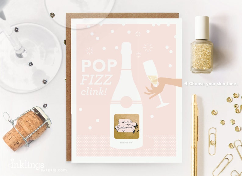 6 Scratch-off Pop Fizz Clink Will You Be My Bridesmaid Maid of Honor Write-in Invitations Pink Champagne and Gold Foil Set of 6