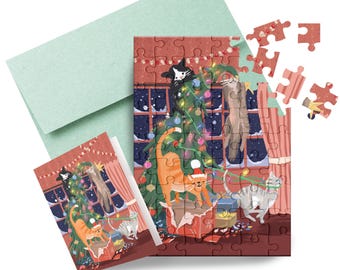 Puzzle Greeting Card - Christmas Cats