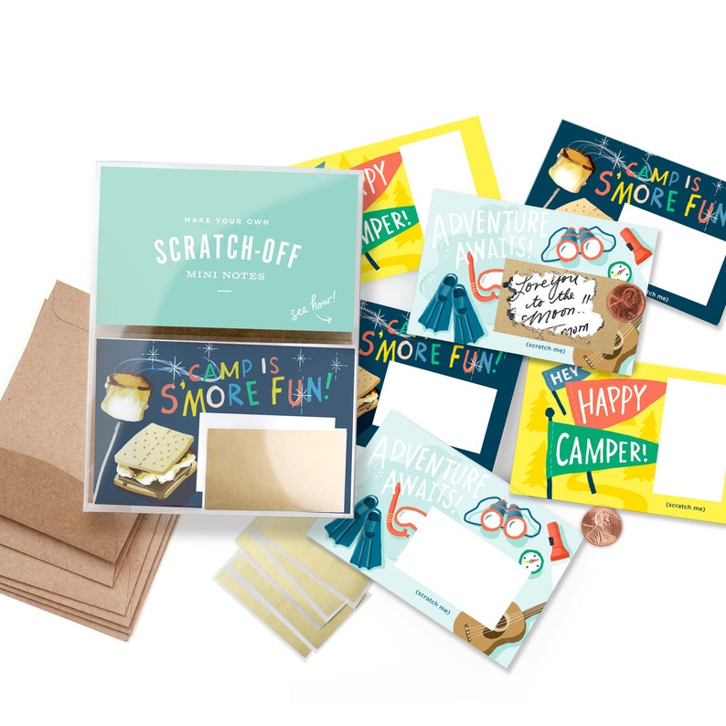 Camp Scratch-off Mini Notes // Summer camp letter, kids camp gift, camp care package, smores, camp card, overnight camp image 1