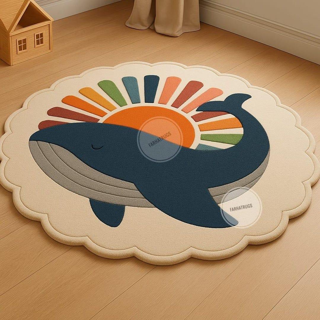 Whale Kids Rug: Round 3x3 Scalloped Ocean Nursery Carpet Custom Area ...