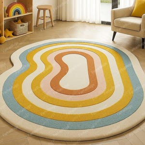Tufted Kids Room Rug: Colorful Wavy Stripes, Soft Playroom Carpet