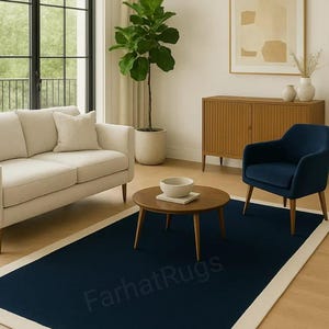 Handmade Navy Blue Wool Area Rug: Scandinavian Minimalist Design