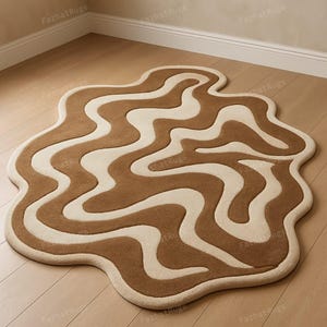 Handmade Wool Tufted Rug: Abstract Wavy Design, Modern Beige & Brown