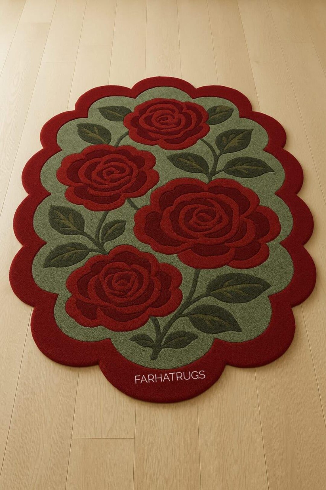 Hand-tufted Wool Rug: Red Roses Floral Carpet, Scalloped Edge - Etsy