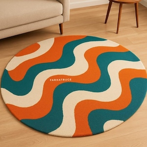 Retro Wave Round Wool Rug – Bold Teal, Orange & Cream Mid-Century Modern Hand-Tufted Carpet
