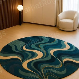 Round Handmade Tufted Rug – Modern Abstract Wave Design in Teal & Beige – Luxury Area Carpet for Living Room, Bedroom,  Lounge handmade cut