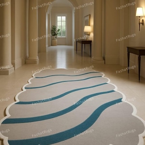 Hand-Tufted Wool Rug: Modern Blue Wave Scalloped Runner