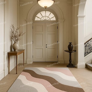 Handmade Wool Blend Wavy Abstract Area Rug - Beige, Pink & Brown