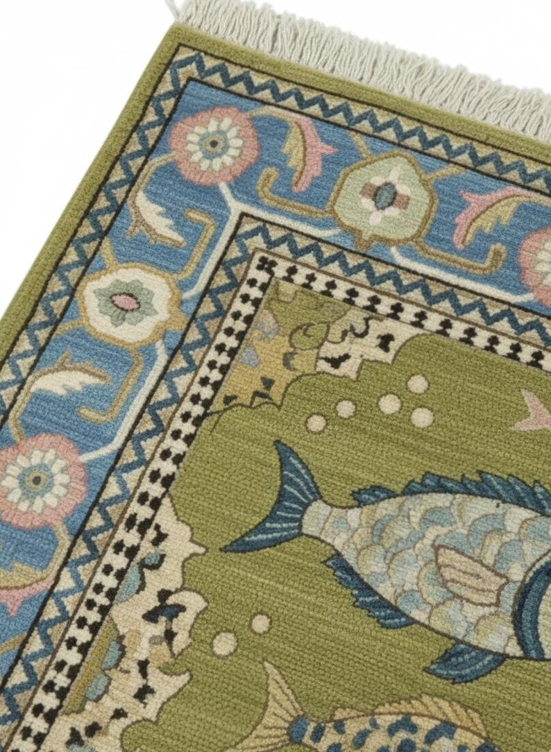 May include: Close-up of a decorative rug with a fish design. The rug features a green field with light blue fish and a border of blue, pink, and green floral patterns. The rug has a cream-colored fringe.