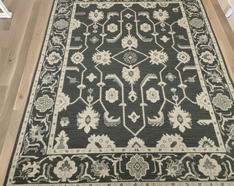 Hand Knotted Wool Oushak Rug – Black Ivory Floral Living Room Carpet