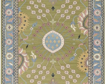 Hand-Knotted Wool Rug | Olive Green Oushak Oriental Carpet