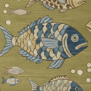 May include: A close-up of a green rug with a repeating pattern of fish. The fish are in shades of blue, tan, and brown, with white bubbles scattered throughout. The fish have detailed scales and fins, creating a textured appearance.