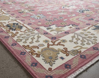 Hand-Knotted Wool Oushak Rug – Pink Persian Style Area Carpet