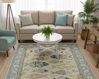 Hand-Knotted Wool Area Rug, Colorful Fish Design, Oushak Style