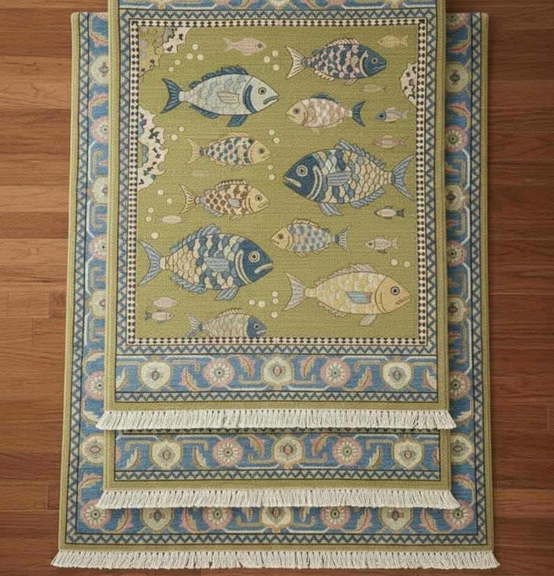 May include: Three rectangular rugs with a fish pattern. The rugs have a green background with various fish designs in blue, tan, and white. The borders are blue with floral patterns and white fringe.