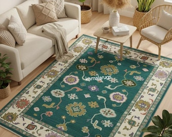 Teal Oushak Rug | Handmade Wool Oriental Area Carpet