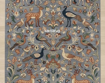 Hand-Knotted Wool Area Rug – Tree of Life, Deer & Peacock