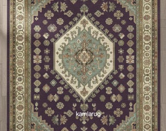 Hand-Knotted Oushak Wool Rug, Deep Plum & Sage Green, Geometric Oriental Carpet