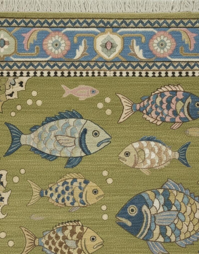 May include: A green rug with a repeating pattern of fish in shades of blue, tan, and pink. The rug has a decorative border with floral and geometric designs in blue, pink, and green. The rug's fringe is a light beige color.
