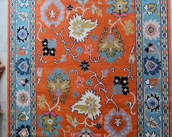 Hand-Knotted Oushak Wool Rug, Vibrant Orange Floral Bohemian Carpet, Living Room Area Rug