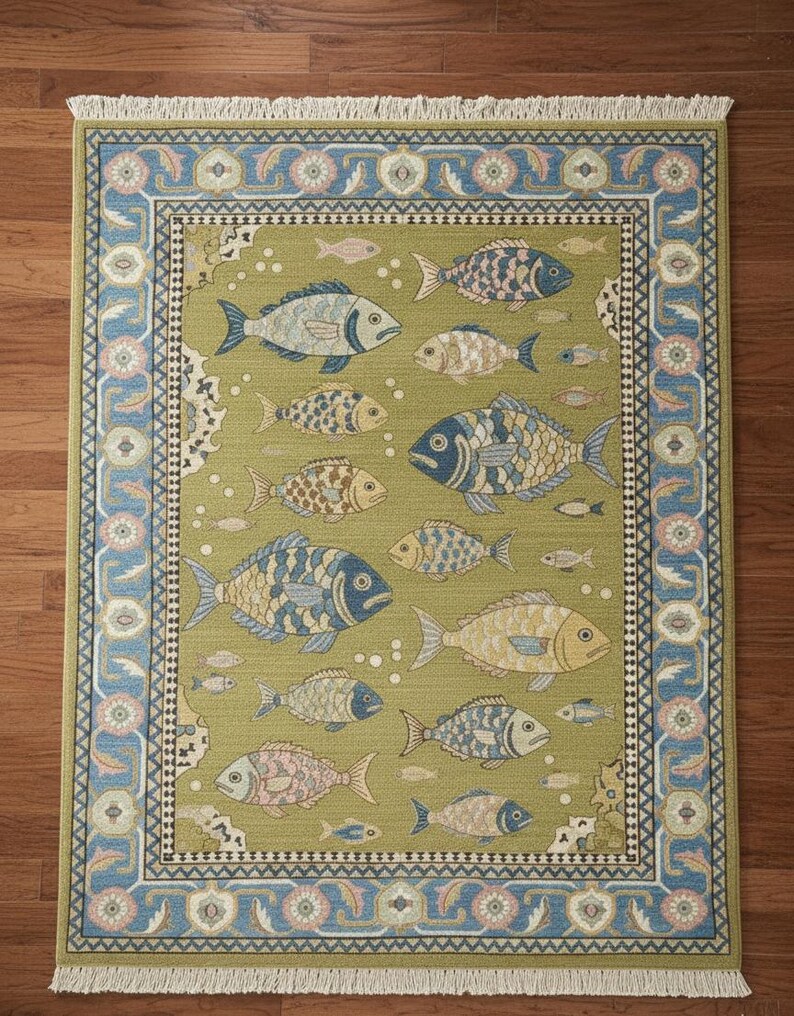 May include: A rectangular area rug with a fish pattern. The rug has a light green background with various fish in shades of blue, tan, and pink. A blue and pink border surrounds the fish design. The rug has a fringed edge.