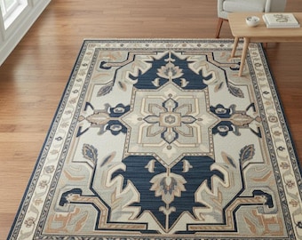 Hand-Knotted Wool terkis styl Oushak Rug | Navy Blue Oriental Carpet