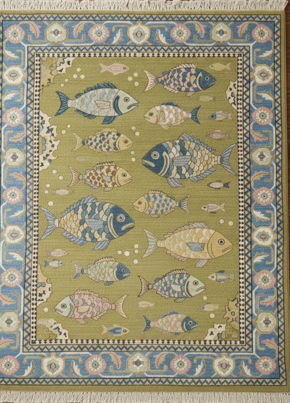 Vintage Style Fish Rug | Hand-Knotted Wool Oushak Design