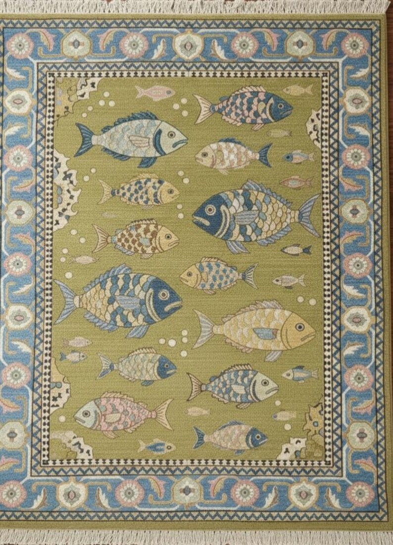 May include: A rectangular rug with a repeating fish pattern. The rug features various fish in shades of blue, tan, and pink on a green background. A blue and pink floral border frames the design. The rug has a fringed edge.