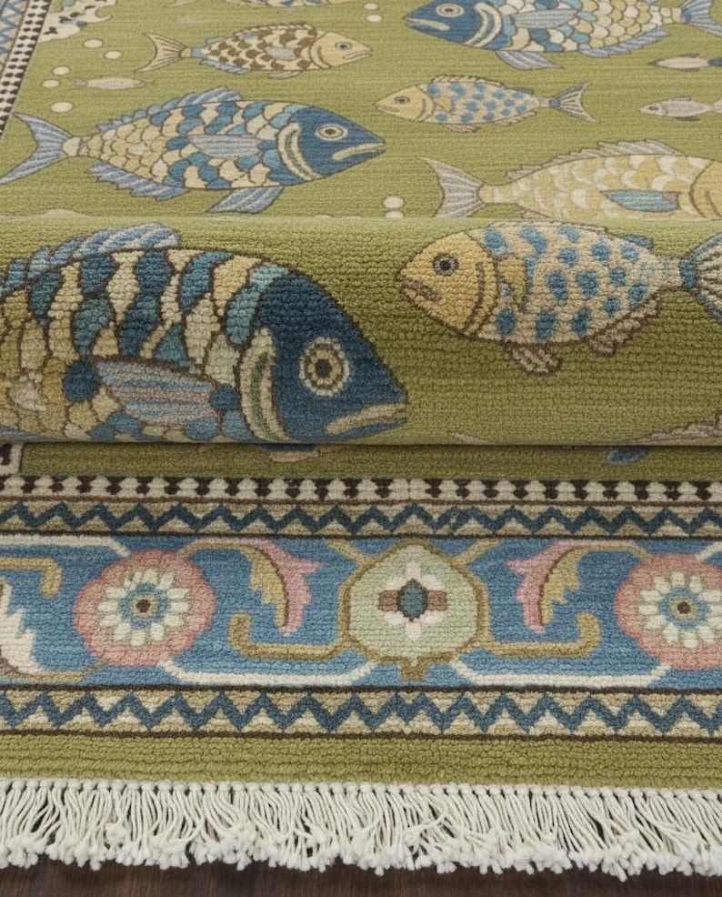 May include: A green area rug with a repeating pattern of stylized fish in shades of blue, yellow, and beige. The rug has a detailed border with floral and geometric designs in blue, pink, and green, and a fringe.