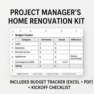 May include: A project manager's home renovation kit with a budget tracker in a spreadsheet format. The tracker includes categories like labor, materials, and permits. The kit includes a budget tracker in Excel and PDF formats, plus a kickoff checklist.