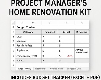 Puede incluir: Kit de renovación del hogar para gestores de proyectos, con un rastreador de presupuesto en formato de hoja de cálculo. El rastreador incluye categorías como mano de obra, materiales y permisos. El kit incluye un rastreador de presupuesto en Excel y PDF, además de una lista de verificación de inicio.
