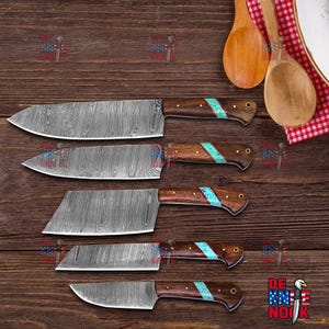 Hand Forged Damascus Steel Chef Knife Set, Kitchen Knives | Chef Knive Set, Handmade 5 Pcs Luxury Damasuc Knife Gift for him, Gifts for her