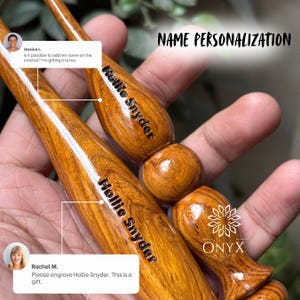 May include: Two polished wooden crochet hooks with a smooth, light brown grain. Each hook features the engraved name Hollie Snyder on the handle. The text NAME PERSONALIZATION appears at the top, and the logo ONYX WOOD is visible.