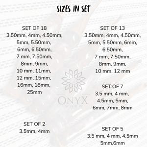 May include: A chart titled SIZES IN SET listing various crochet hook sets by Onyx Wood. The sets include Set of 18, 13, 7, 5, and 2, with specific metric sizes ranging from 3.50mm to 25mm. The text is presented in black against a light background.