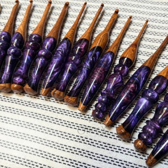 The Starlight Stitch Set – Wooden Crochet Hooks with Swirling Purple Resin Elegance