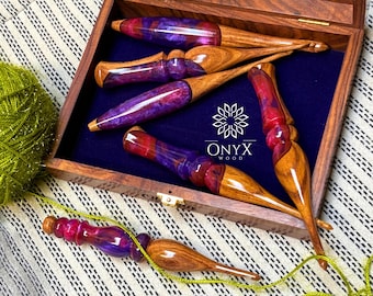 Crochet Gift Set – Wooden Star Box + 5 Resin Crochet Hooks | Handmade | Crocheting Kit
