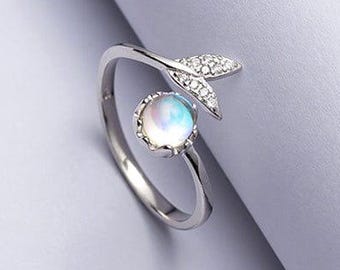 Mermaid Tail Ring: Simulated Moonstone, Adjustable Sterling Silver