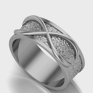 Puede incluir: Un anillo plateado con un diseño de símbolo de infinito. El anillo presenta una banda central texturizada y detalles lisos y curvos. El símbolo de infinito está formado por las curvas superpuestas. El anillo está sobre un fondo blanco.