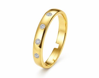 18K Gold Plated Pave Cubic Zirconia Ring, Minimalist Adjustable Band