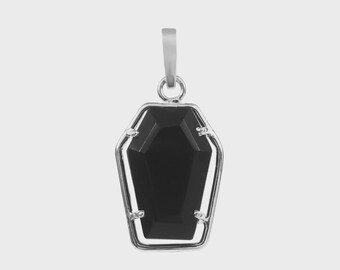 Black Coffin Gemstone Pendant: Gothic Silver-Tone Necklace